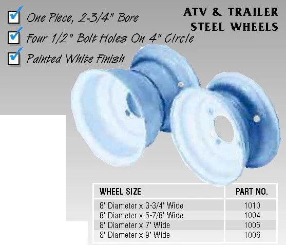 8 in. steel atv wheel, 5-3/8 in. wide, four 1/2 in. bolt holes on 4 in. circle