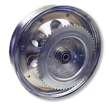 Mini Bike Wheel, 10" Steel, Plated, #35 60T Sprocket, Brake Drum, 5/8 in. ID Precision Ball Bearings