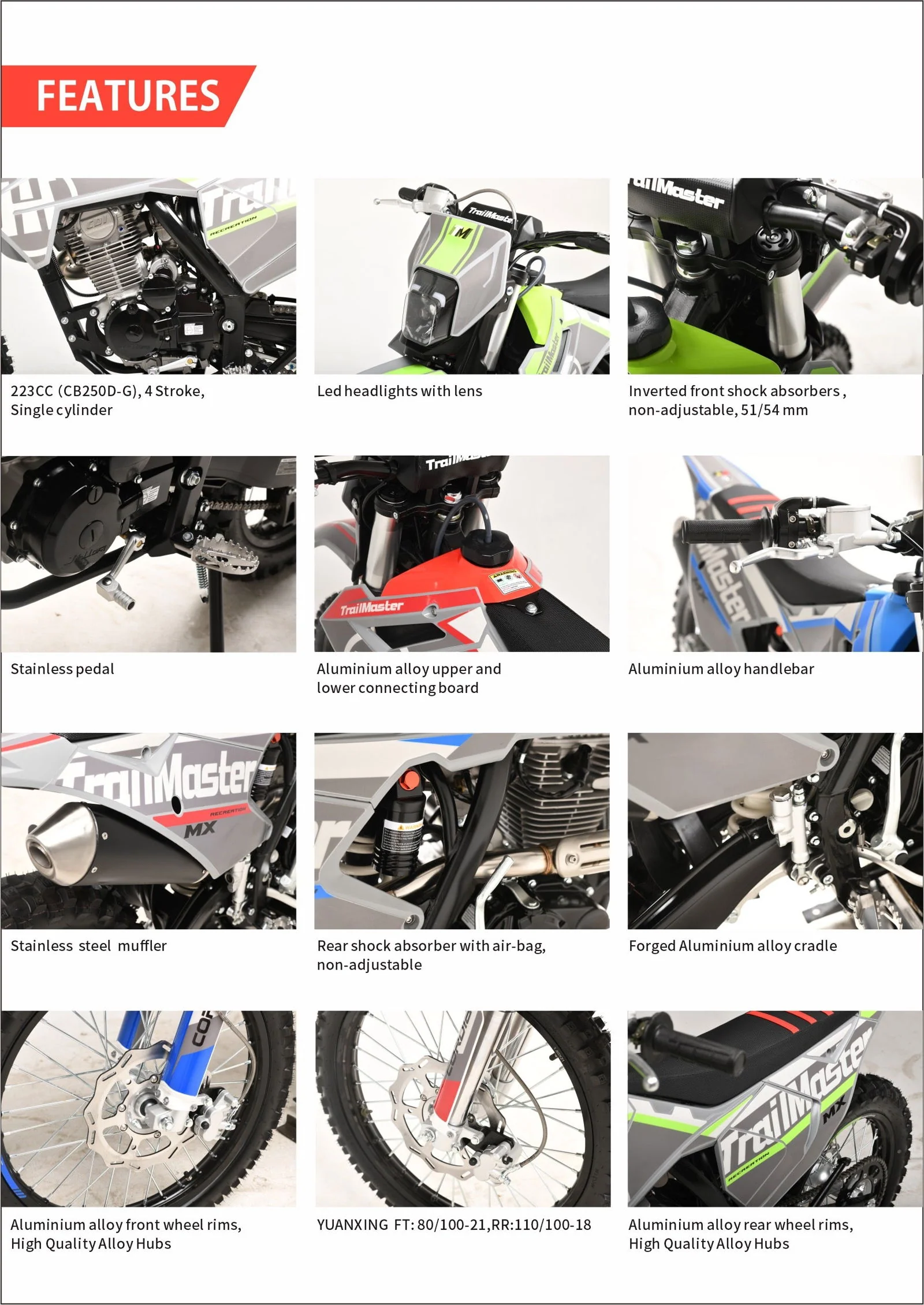 TrailMaster MX250 Dirt Bike, 5-Speed Manual, Electric Start, Dual Disc Brakes, (21/18) Wheels - Image 13