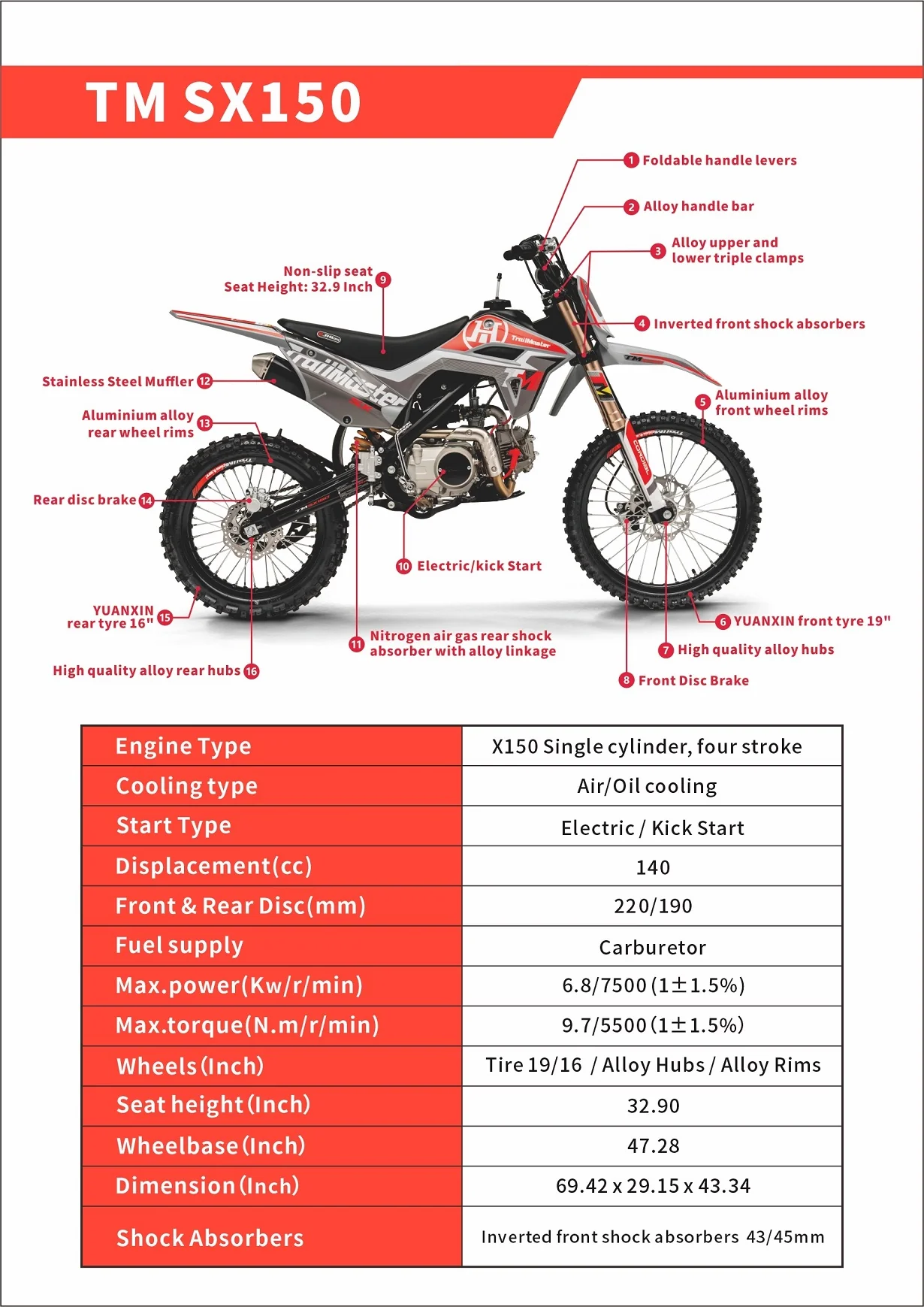 TrailMaster SX150 Pro Series Dirt Bike, Electric Start, 4-Speed Manual, Dual Disc Brakes, (19/16) Wheels - Image 13
